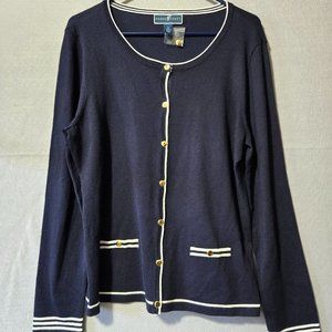 Karen Scott Navy/White Nautical Cardigan, NWOT, Size XL, Gold Buttons